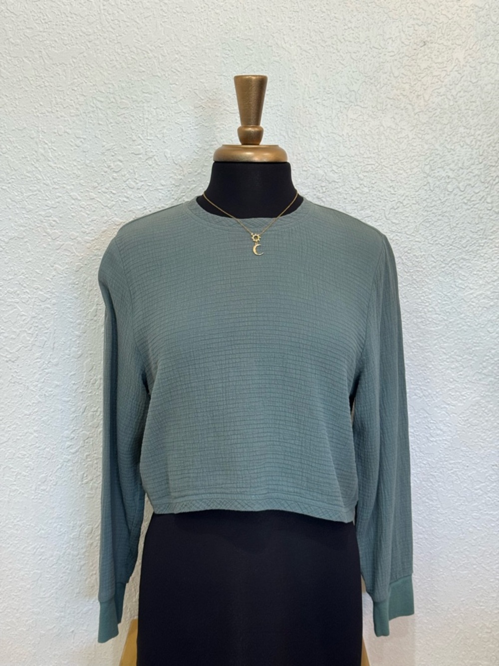 Roolee Sage Green Textured Long Sleeve Crop Top